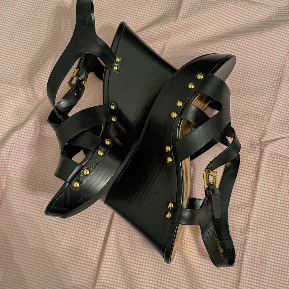 Ralph Lauren strappy studded buckle sandal wedges black size 8.5